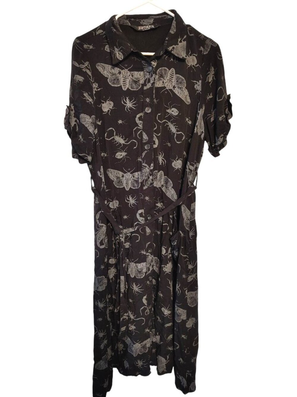 Disturbia Size 6 Dress Button Front Moth Scorpion Spider Halloween Gothic Long
